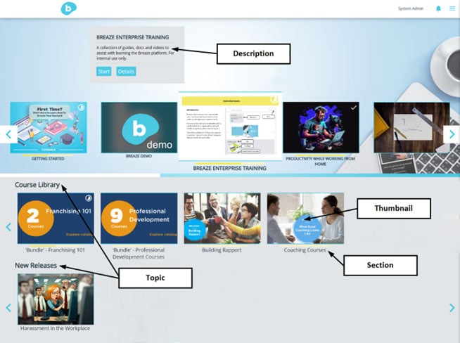 Breaze Home page with Sections grouped under Topics