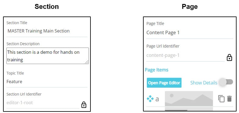 Sections on the left, Pages on the right